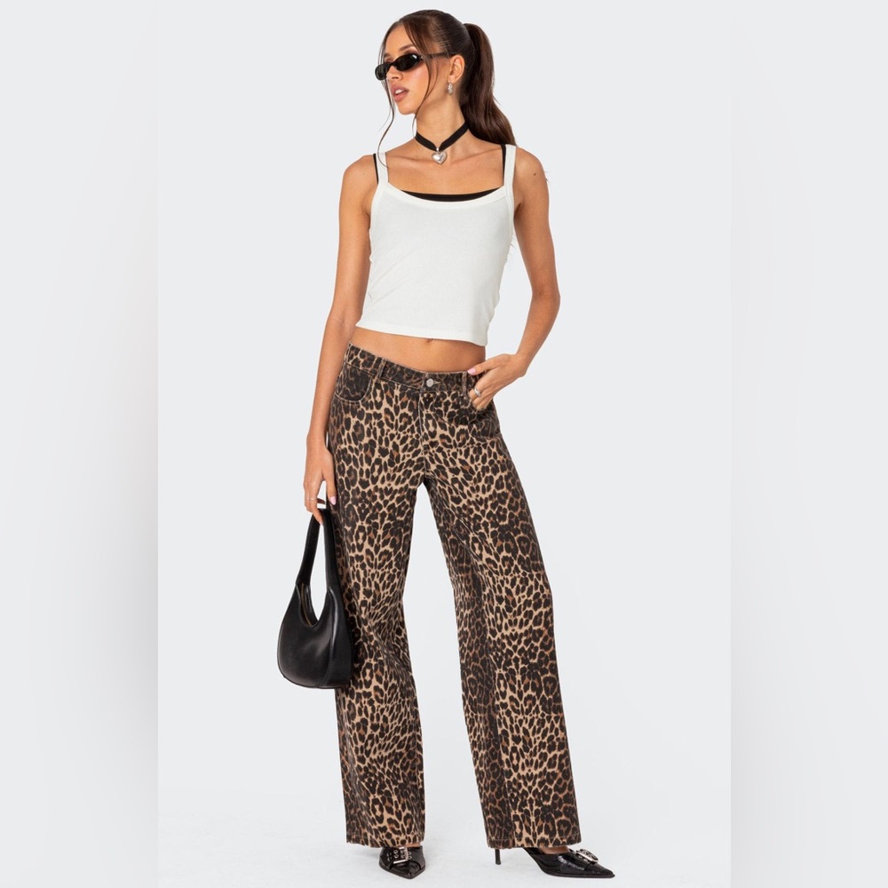 Edikted Leopard Printed Low Rise Jeans